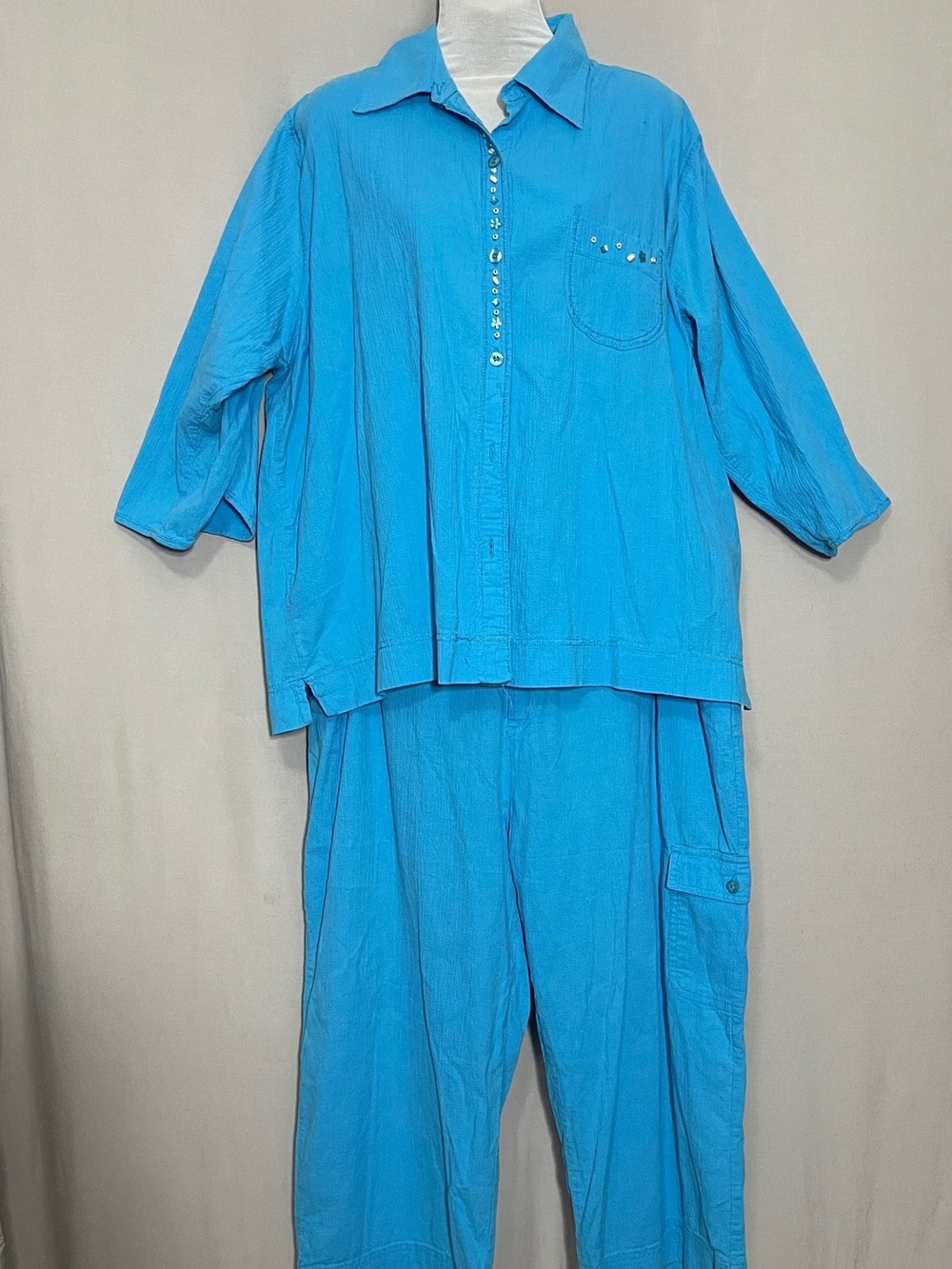 Allyson Whitmore 2X Blue 2pc Set 3/4 Sleeve Collared Top Cropped Pants